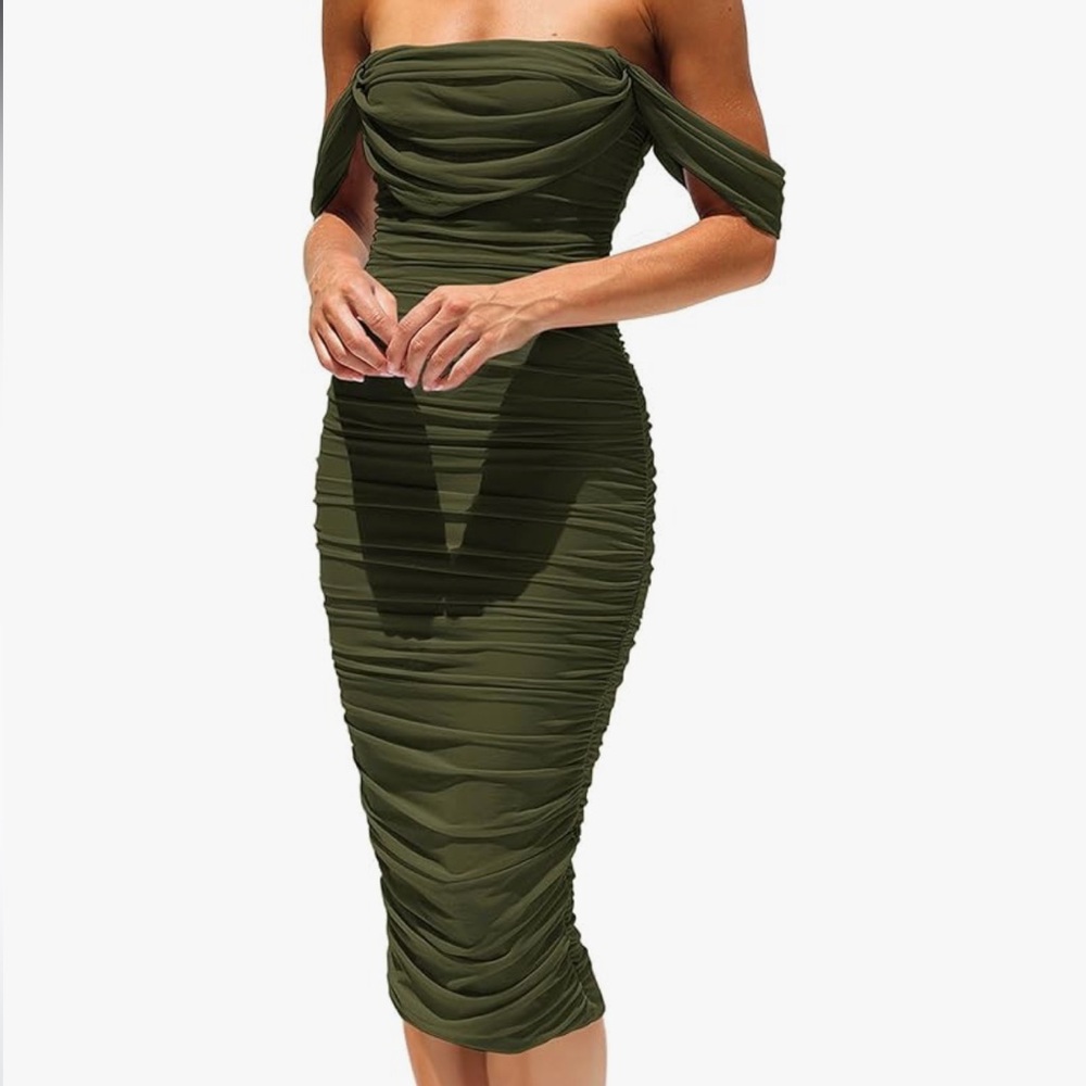 Amazon Olive Green Off-Shoulder Midi Dress